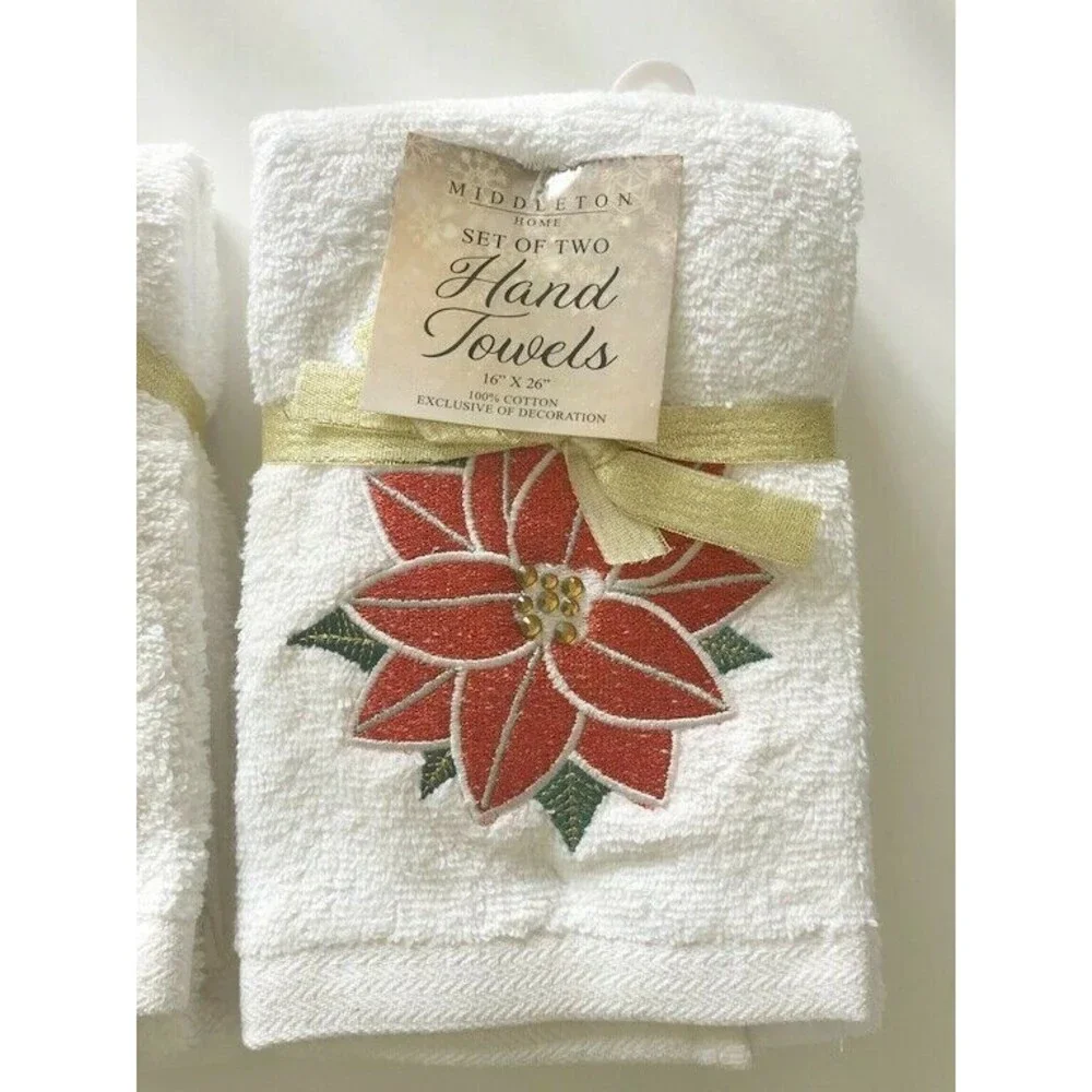 Christmas Poinsettia Hand Towels Embroidered Rhinestone Embellished Set of 2